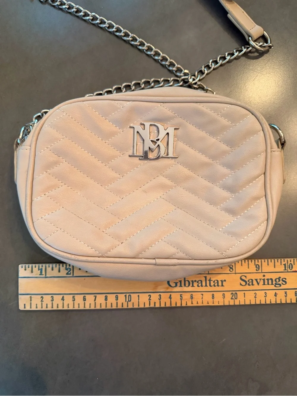 Badgley Mischka Beige Quilted Crossbody/Camra Bag with Silver Logo